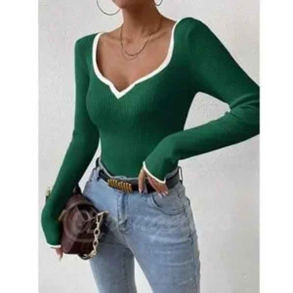Green Rib Knit Sweetheart Neck Contrast White Trim Long Sleeve Fitted Sweater - Picture 3 of 5